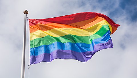 En prideflagga vajar på en flaggstång.