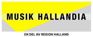 Logotyp med gula, grå och vita fält samt texten Musik Hallandia - En del av Region Halland.