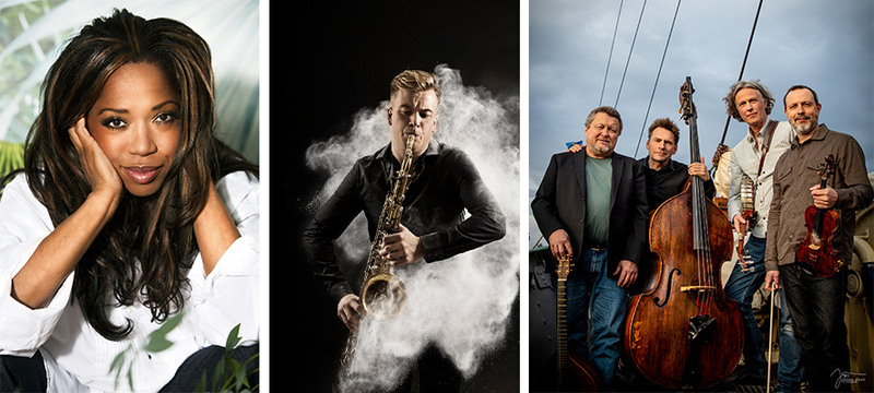 Kollage med artister som besöker Musik Hallandia hösten 2019, en kvinna, en man som spela saxofon, en grupp med fyra män som står och håller i stråkinstrument.