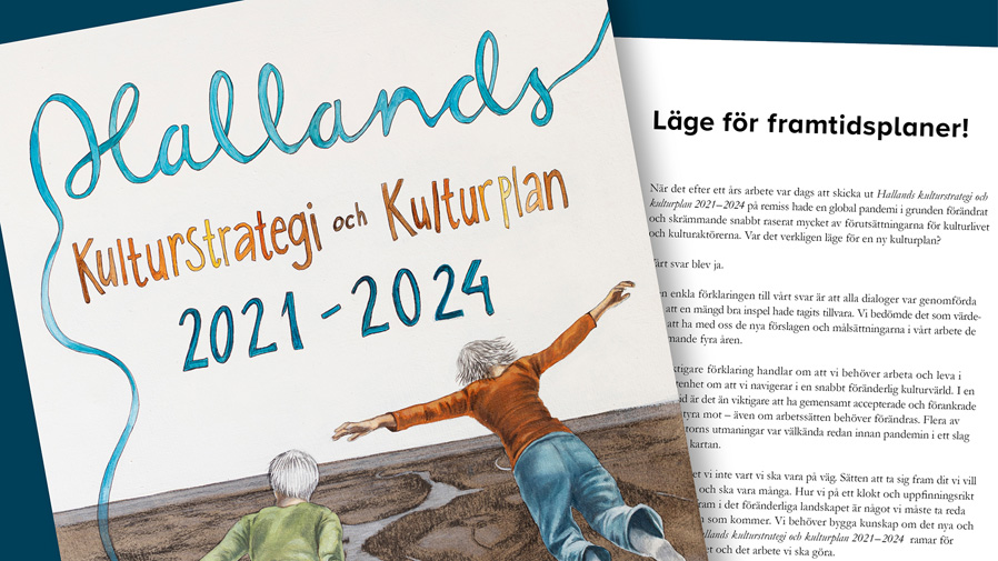 Omslagsbild och en sida i Hallands kulturstrategi och kulturplan 2021-2024.