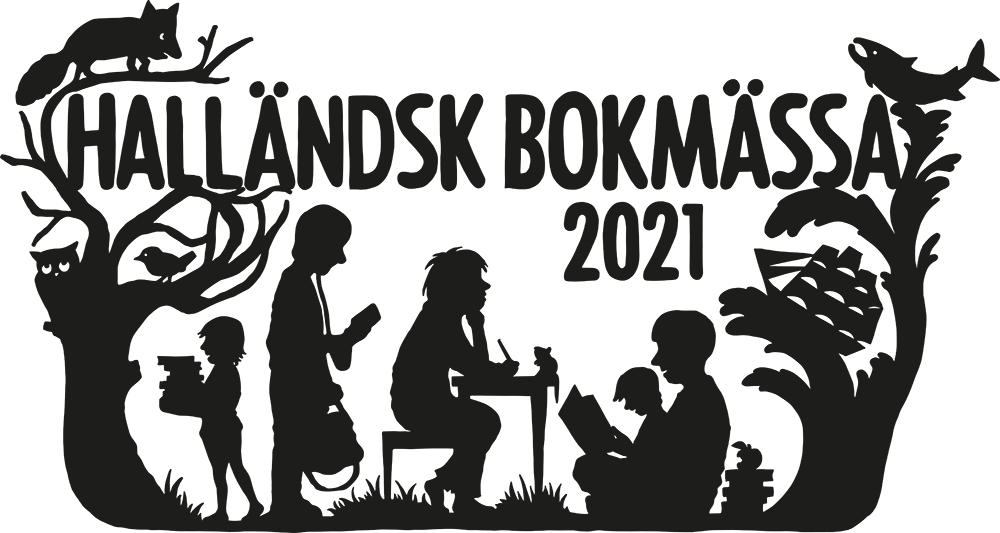 Illustration i svart siluett med texten Halländsk bokmässa 2021.