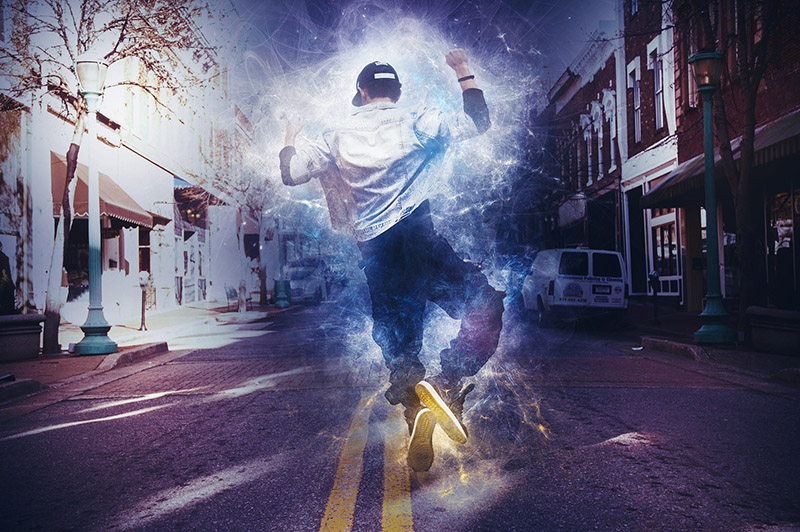 Collage med hiphop-dansare som dansar på en väg i stadsmiljö.