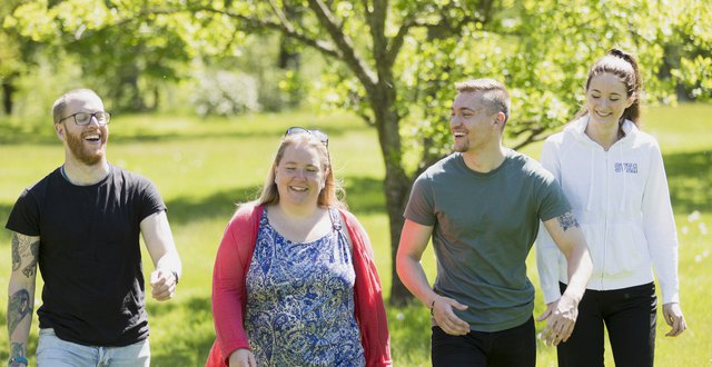 Fyra personer går en vårgrön park, alla fyra skrattar och ler. Foto: Anders Andersson