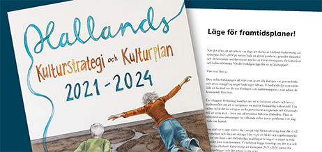 Omslagsbild och en sida i Hallands kulturstrategi och kulturplan 2021-2024.