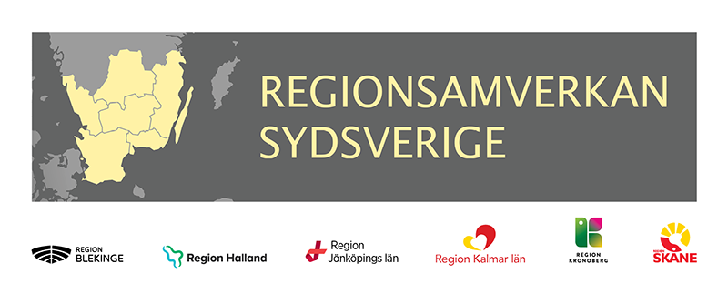 Kartbild över södra Sverige, texten "Regionsamverkan Sydsverige" och logotyper för de sex sydligaste regionerna.