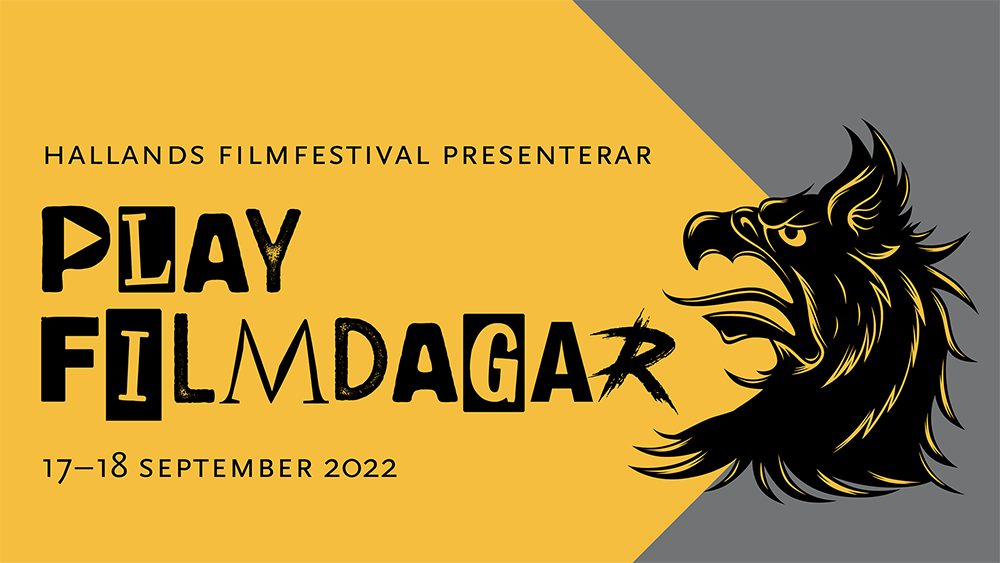 Gul platta med bild av grip och texten "PLAY filmdagar 17-18 september 2022".