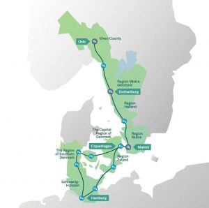 Kartbild som visar placering av vätgasstationer hela sträckan från Hamburg till Oslo