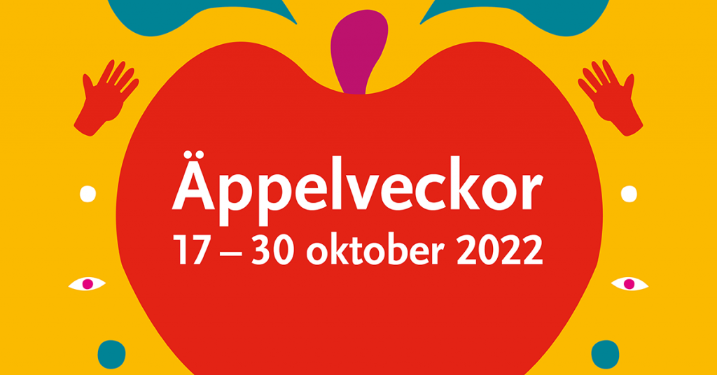 Illustration med ett stort rött äpple. och texten "Äppelveckor" 17-30 oktober 2022".