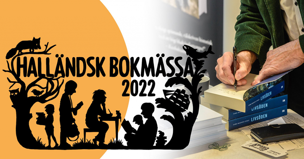 Symbol med texten Halländsk bokmässa 2022 och ett foto där en bok signeras.
