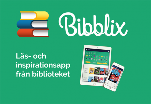 Grön textplatta med logotyp för Bibblix samt en läsplatta och en mobiltelefon.