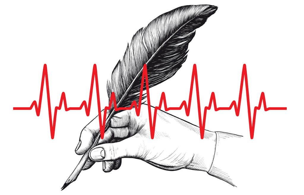 Illustration med hand och fjäderpenna samt ett diagram med hjärtrytm.