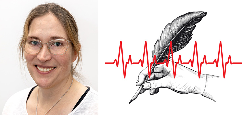 Anna Schager samt en illustration med en röd graf som visar hjärtrytm över en hand som håller en gåspenna.