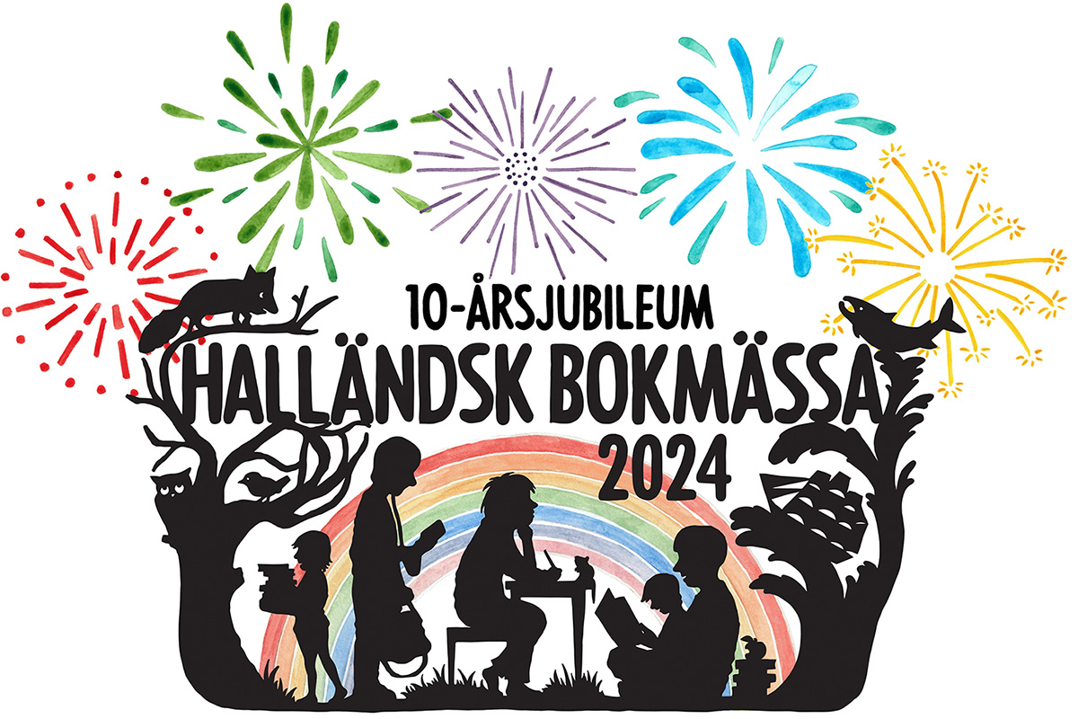 Illustration med symbol för Halländsk bokmässa i form av en siluett av läsare med en bakgrund av en regnbåde och fyrverkerier samt texten "10-årsjubileum Halländsk bokmässa 2024".