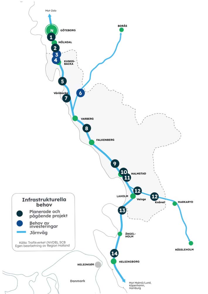 Kartan visar Hallands inspel till nationell planering av transportinfrastruktur.