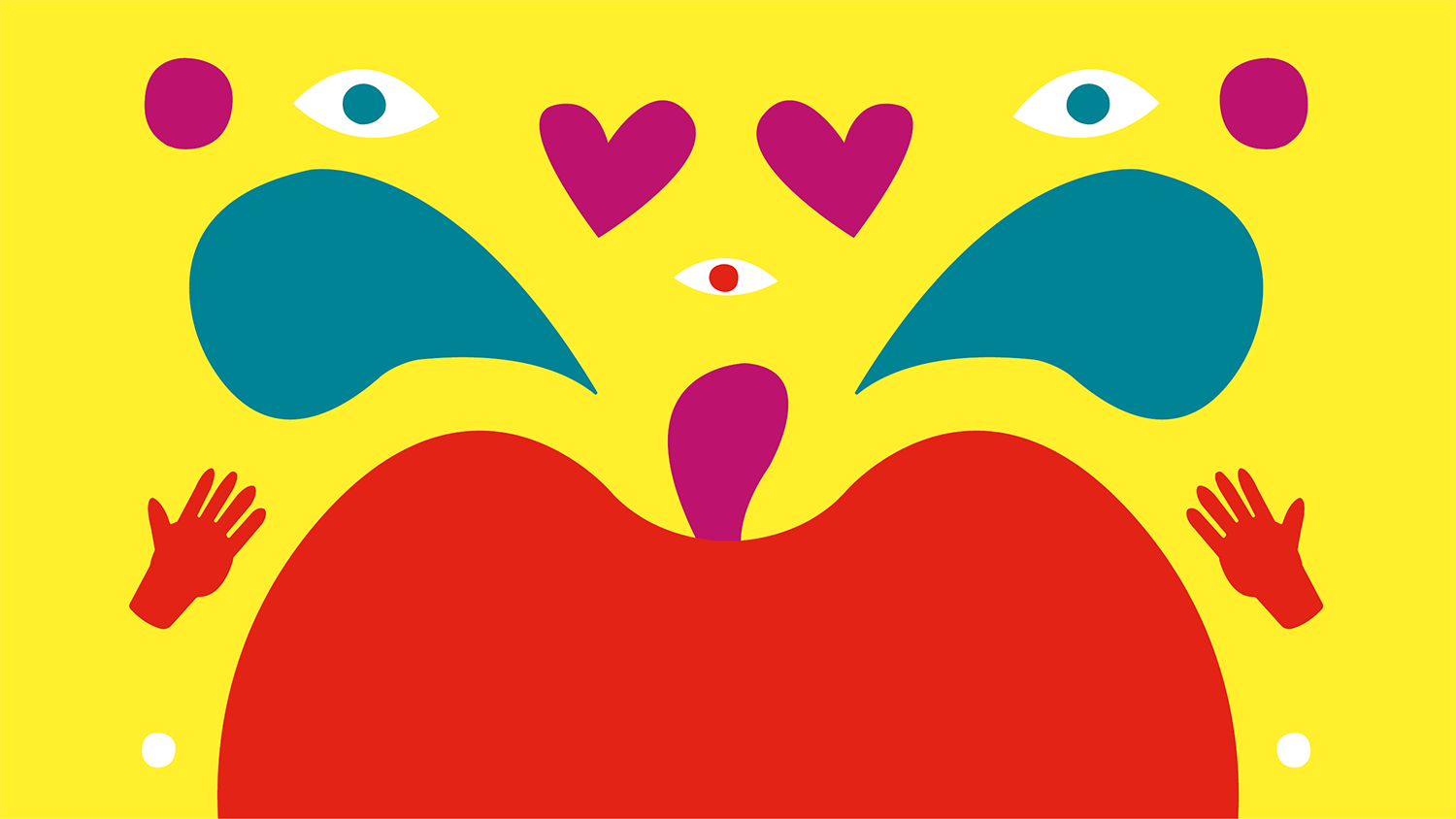 Illustration med ett rött äpple, händer, hjärtan och ögon, mot en gul bakgrund. 