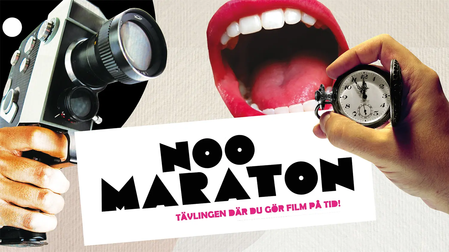 Kollage med äldre filmkamera, tidtagarur samt en mun och en textruta med texten "Noo Maraton Tävlingen där du gör film på tid".