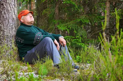 En äldre man i orange keps sitter lutad mot ett träd i skogen och tittar upp mot himlen.